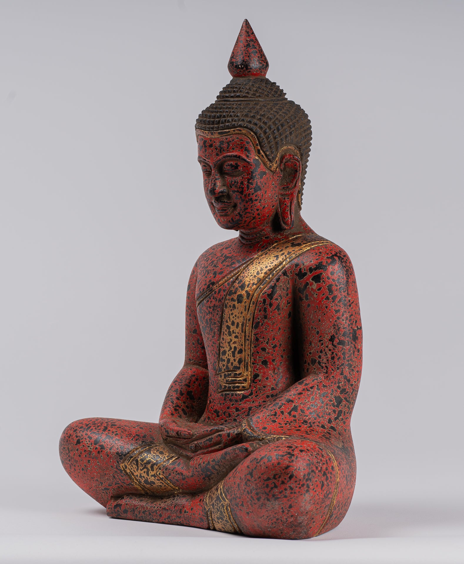 Buddha Sculpture - Antique Khmer Style Wood Seated Buddha Statue Dhyana Meditation Mudra - 34cm/14"