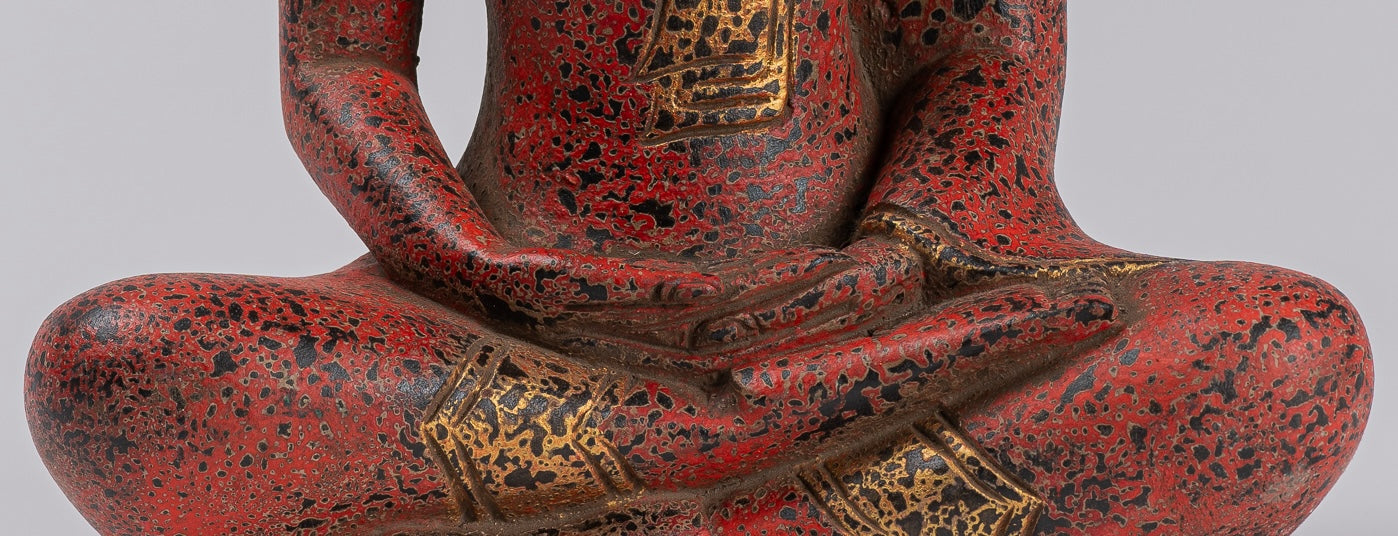 Buddha Sculpture - Antique Khmer Style Wood Seated Buddha Statue Dhyana Meditation Mudra - 34cm/14"