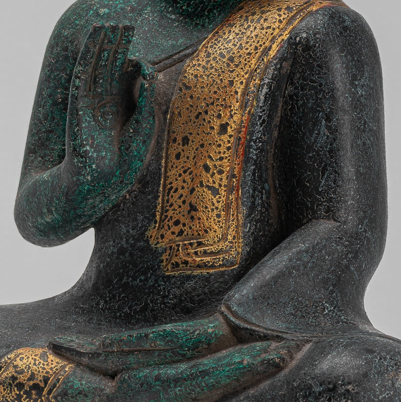Buddha Sculpture - Buddha - Antique Khmer Style Seated Wood Buddha Statue Teaching Mudra - 40cm/16"