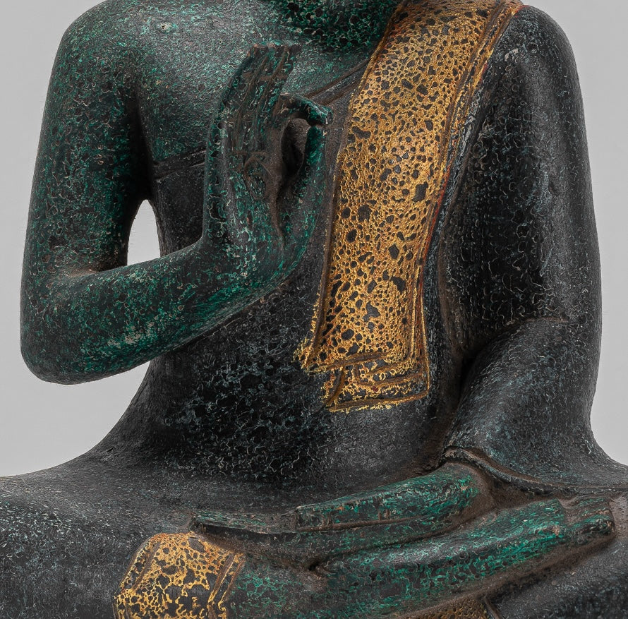 Buddha Sculpture - Buddha - Antique Khmer Style Seated Wood Buddha Statue Teaching Mudra - 40cm/16"