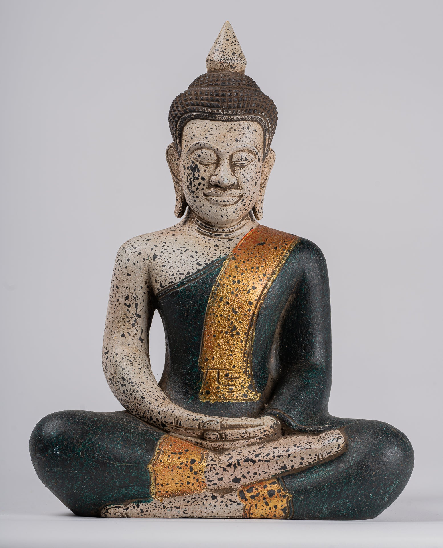 Buddha Sculpture - Antique Khmer Style Wood Seated Buddha Statue Dhyana Meditation Mudra - 40cm/16"