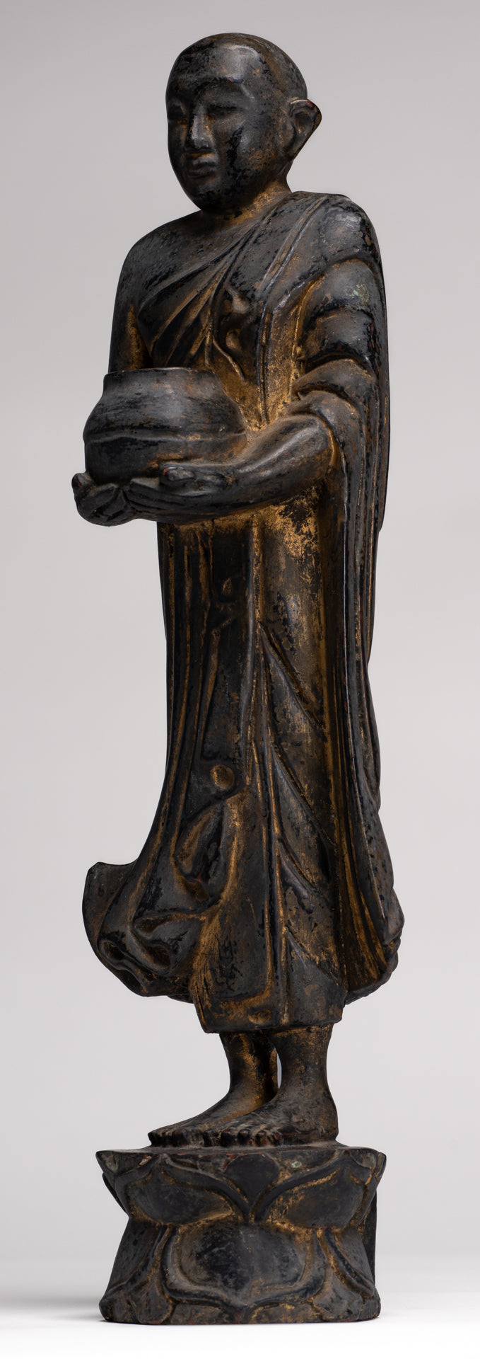 Antique Burmese Style Standing Wood Mandalay Monk Statue - 46cm/18"