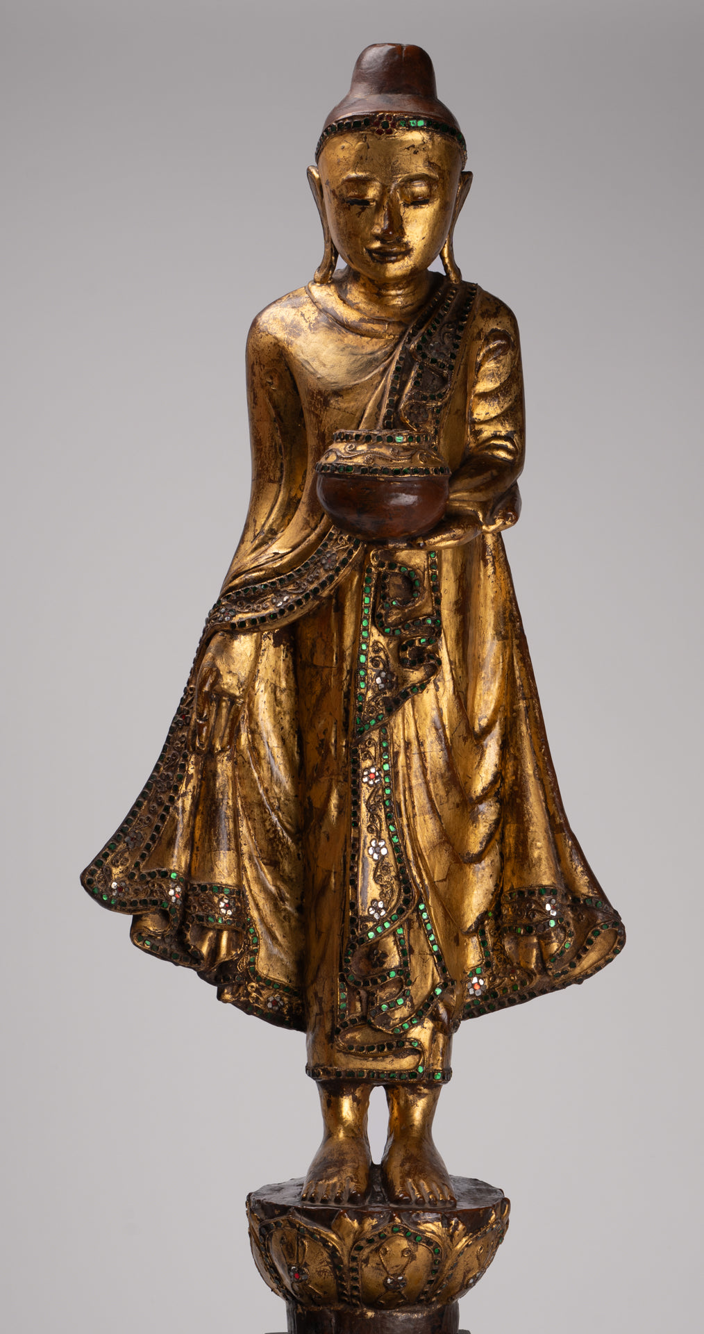 Antique Burmese Style Standing Wood Mandalay Buddha Statue - 101cm/40"