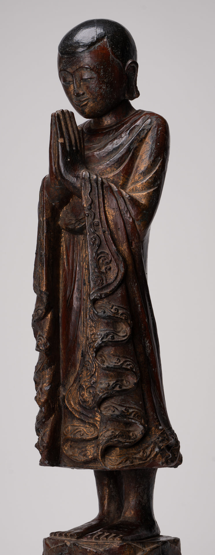 Antique Burmese Style Standing Wood Adoration Mandalay Monk Statue - 76cm/30"