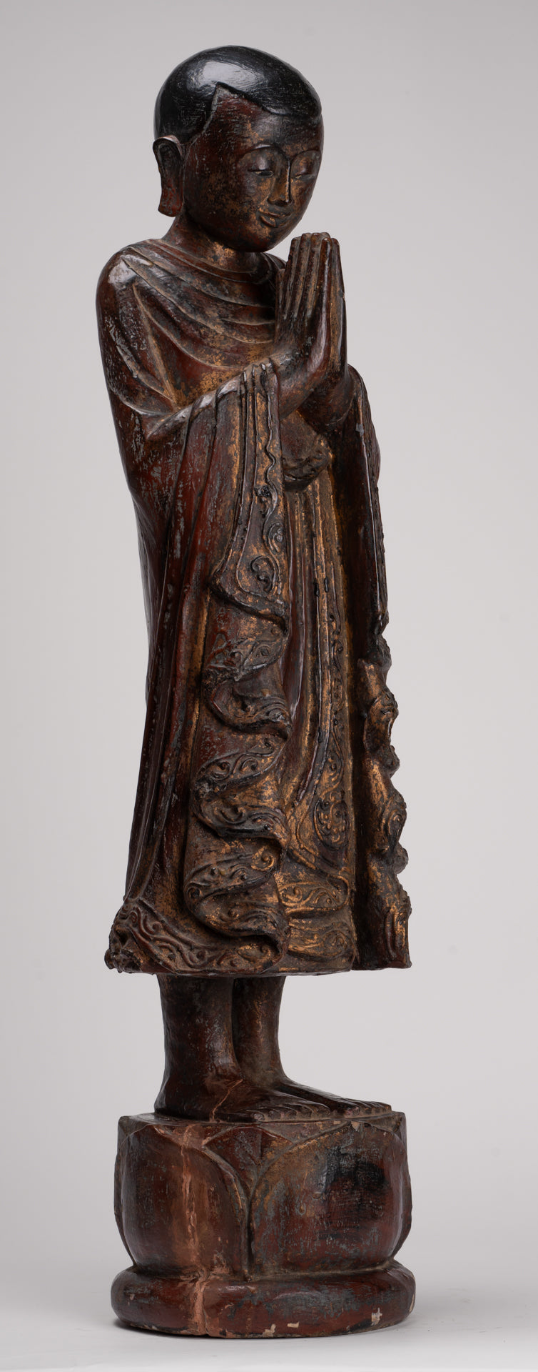 Antique Burmese Style Standing Wood Adoration Mandalay Monk Statue - 76cm/30"