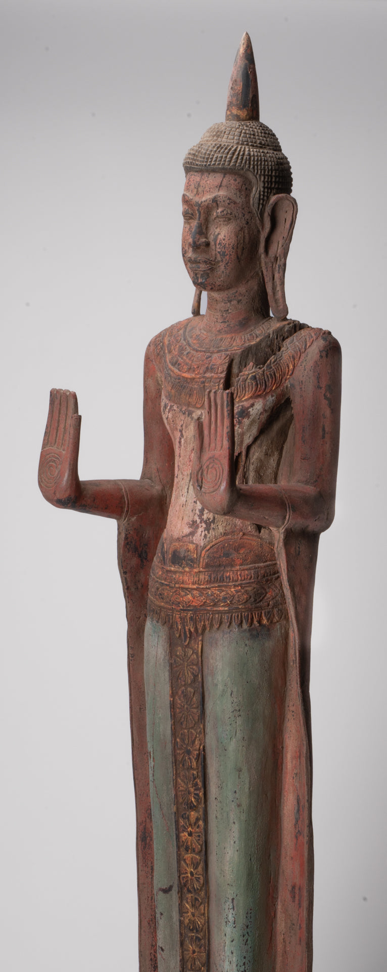 Large Buddha Statue - Antique Khmer Style Wood Standing Protection Monday Buddha Statue - 174cm/70"