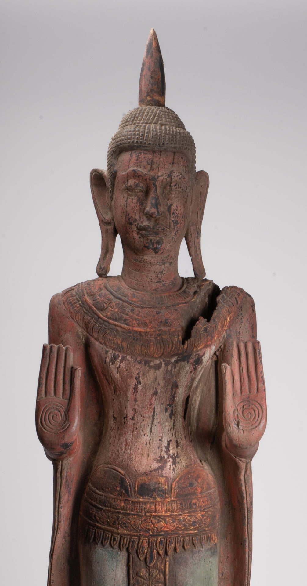 Large Buddha Statue - Antique Khmer Style Wood Standing Protection Monday Buddha Statue - 174cm/70"