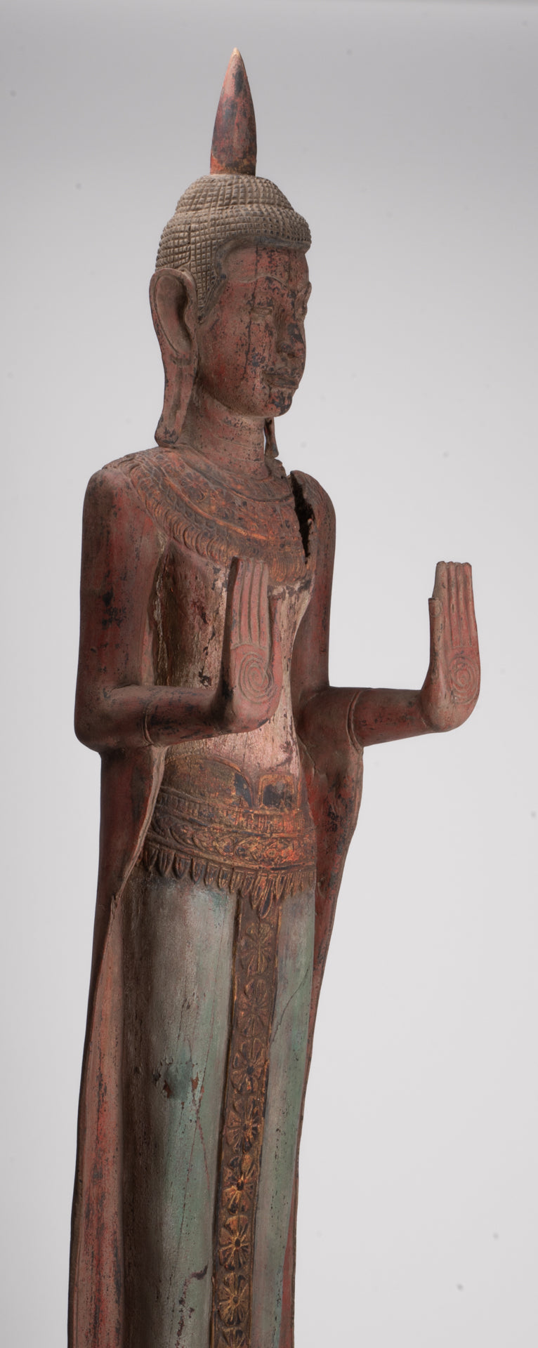 Large Buddha Statue - Antique Khmer Style Wood Standing Protection Monday Buddha Statue - 174cm/70"