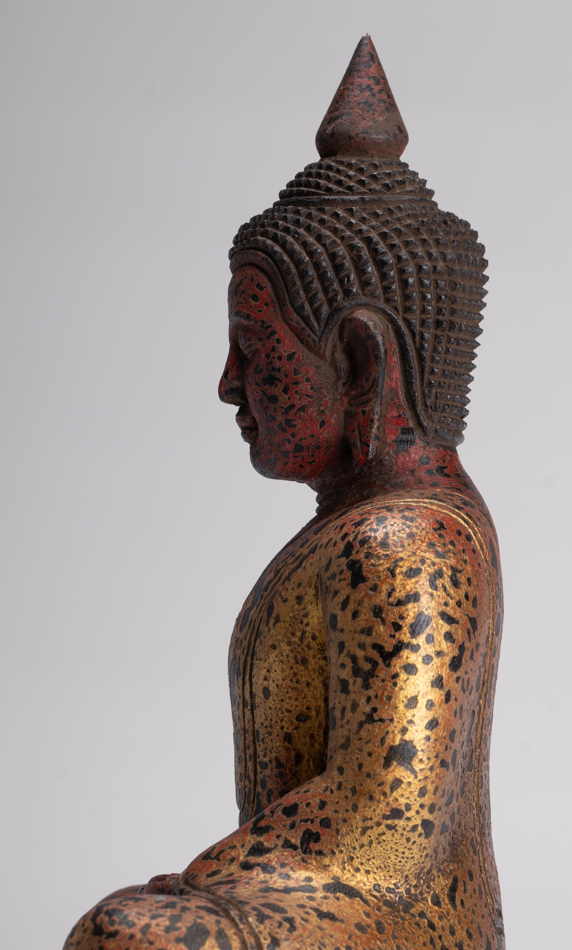 Buddha Sculpture - Antique Khmer Style Wood Seated Buddha Statue Dhyana Meditation Mudra - 27cm/11"