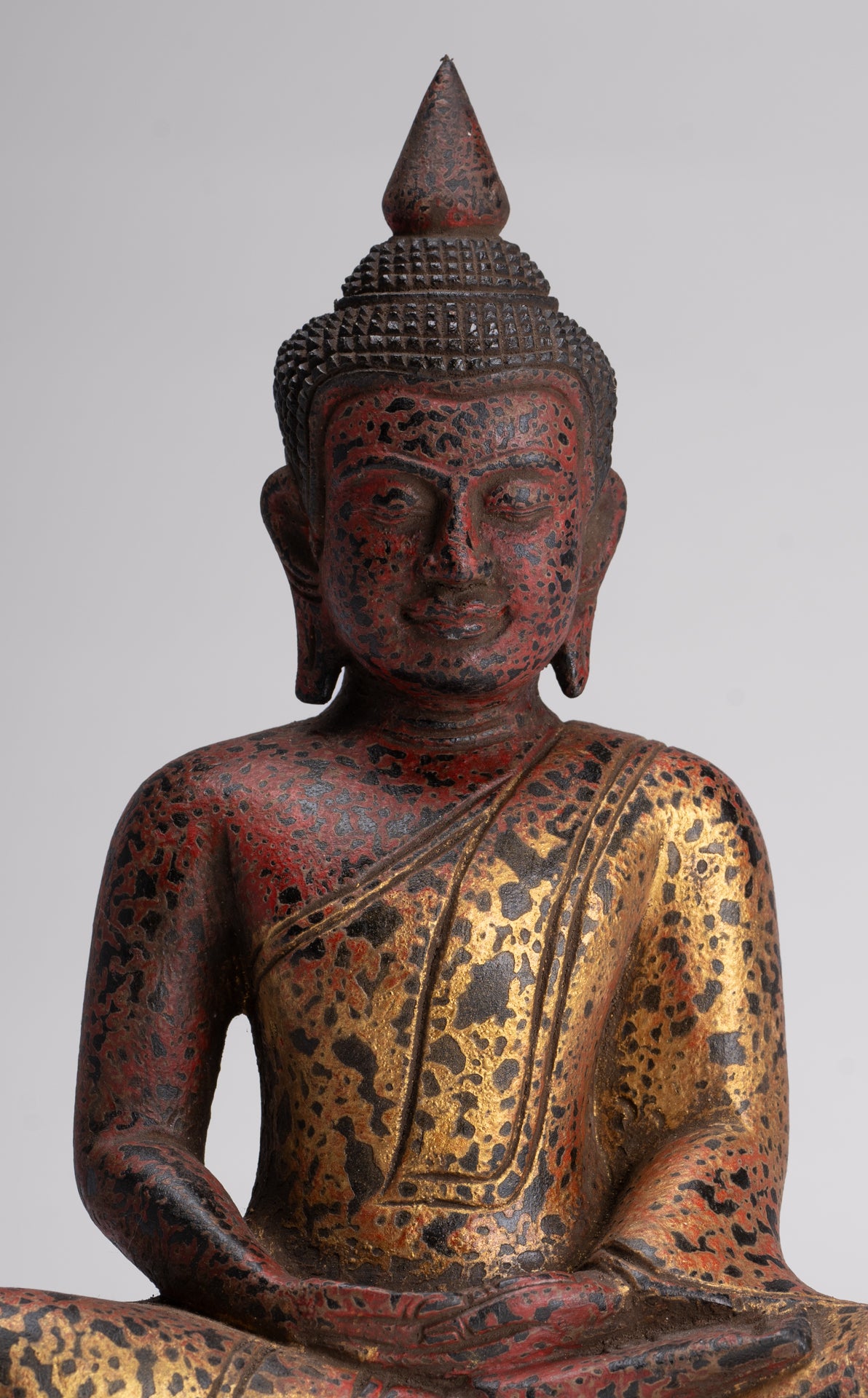 Buddha Sculpture - Antique Khmer Style Wood Seated Buddha Statue Dhyana Meditation Mudra - 27cm/11"