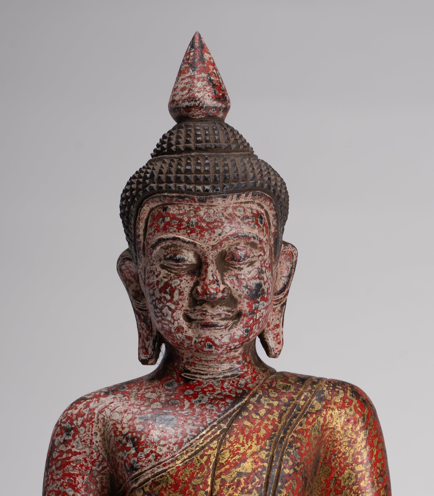 Buddha Sculpture - Antique Khmer Style Wood Seated Buddha Statue Dhyana Meditation Mudra - 33cm/13"