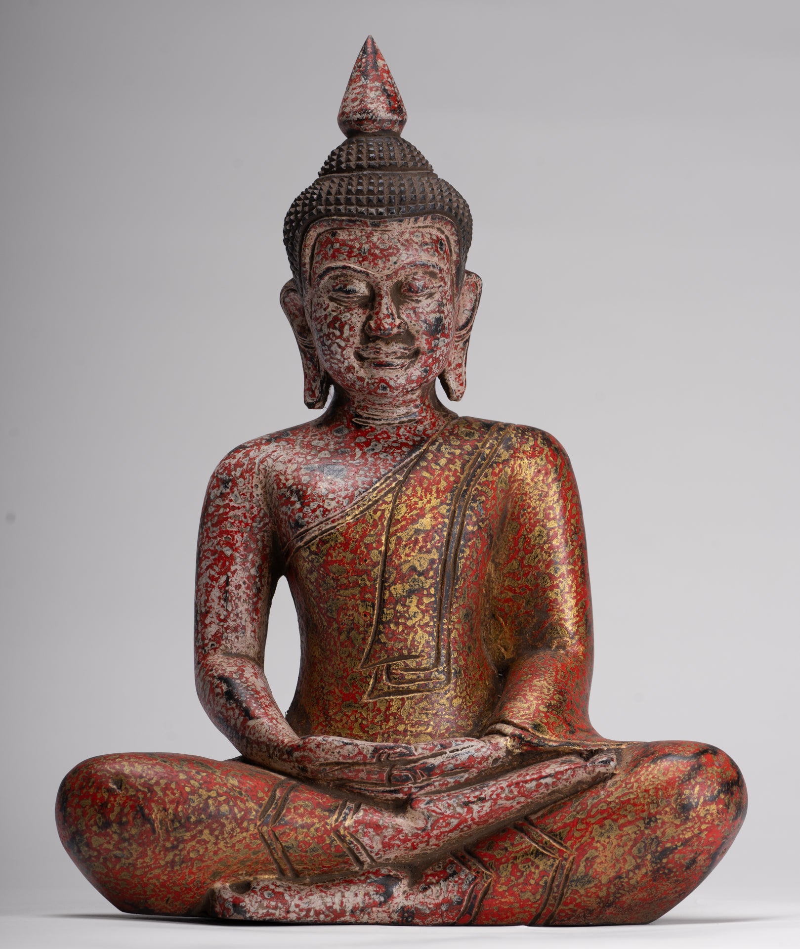 Buddha Sculpture - Antique Khmer Style Wood Seated Buddha Statue Dhyana Meditation Mudra - 33cm/13"