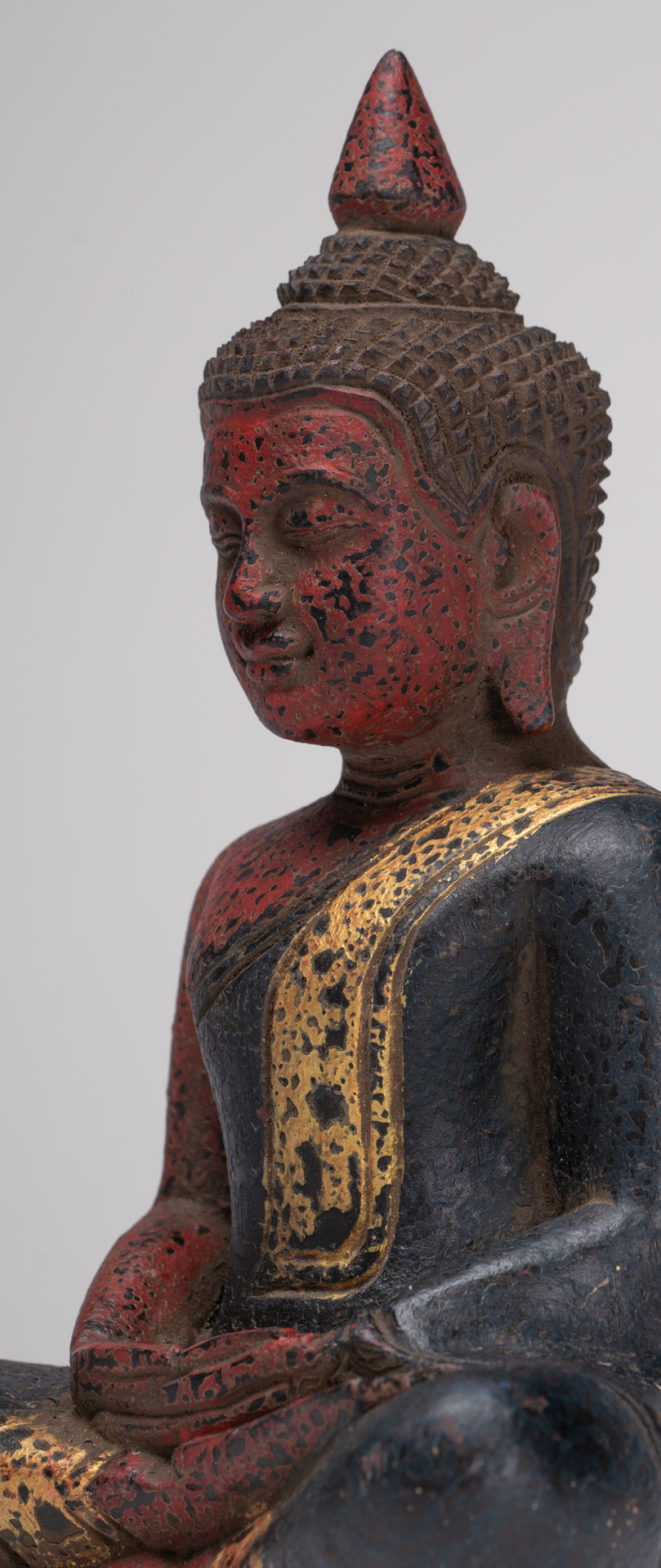 Buddha Sculpture - Antique Khmer Style Wood Seated Buddha Statue Dhyana Meditation Mudra - 21cm/8"