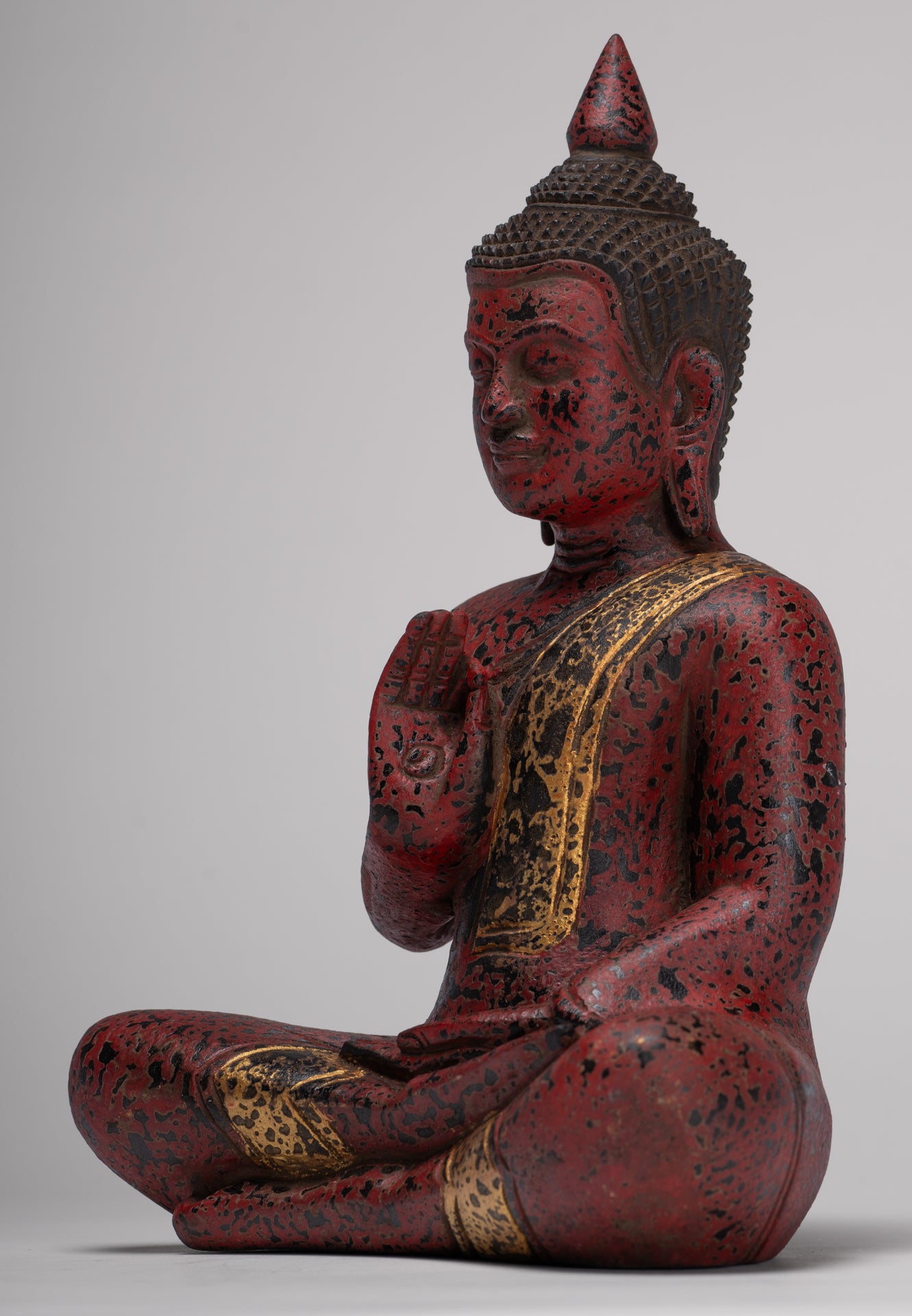 Buddha Statue - Antique Khmer Style Cambodia Seated Wood Buddha Statue Teaching Mudra - 27cm/11"