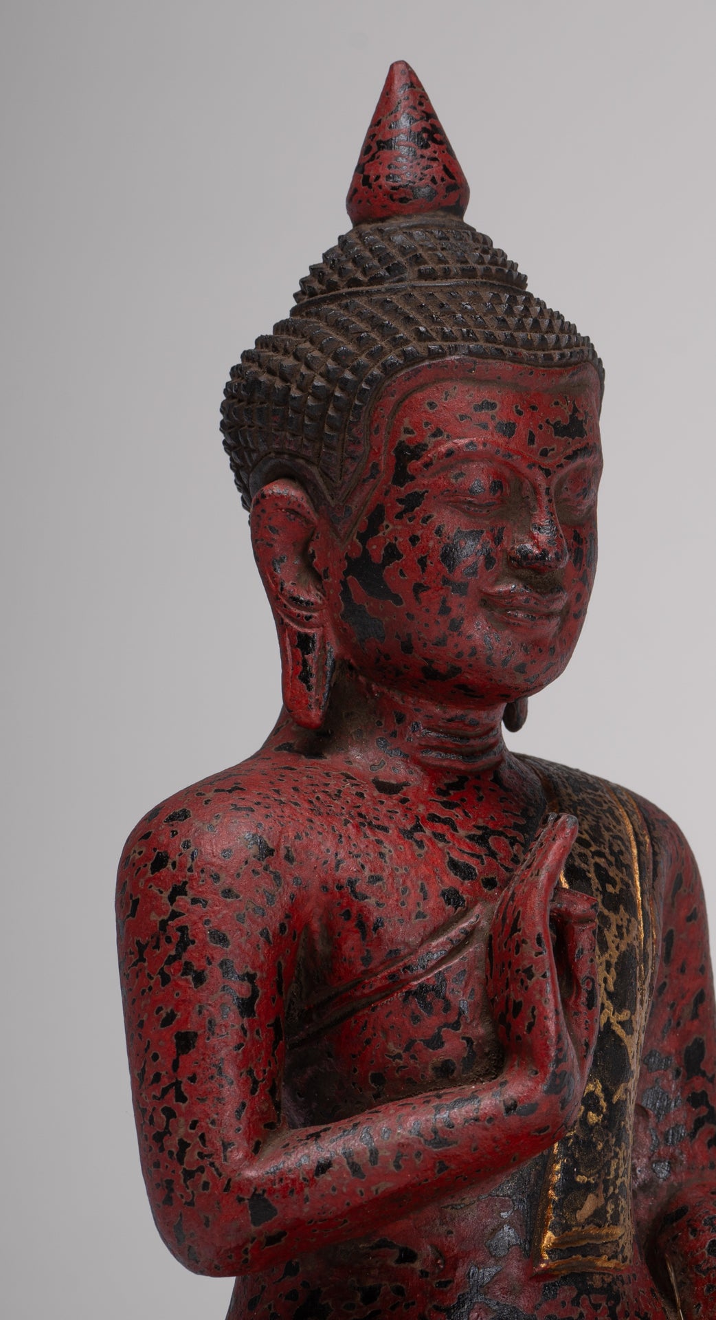 Buddha Statue - Antique Khmer Style Cambodia Seated Wood Buddha Statue Teaching Mudra - 27cm/11"