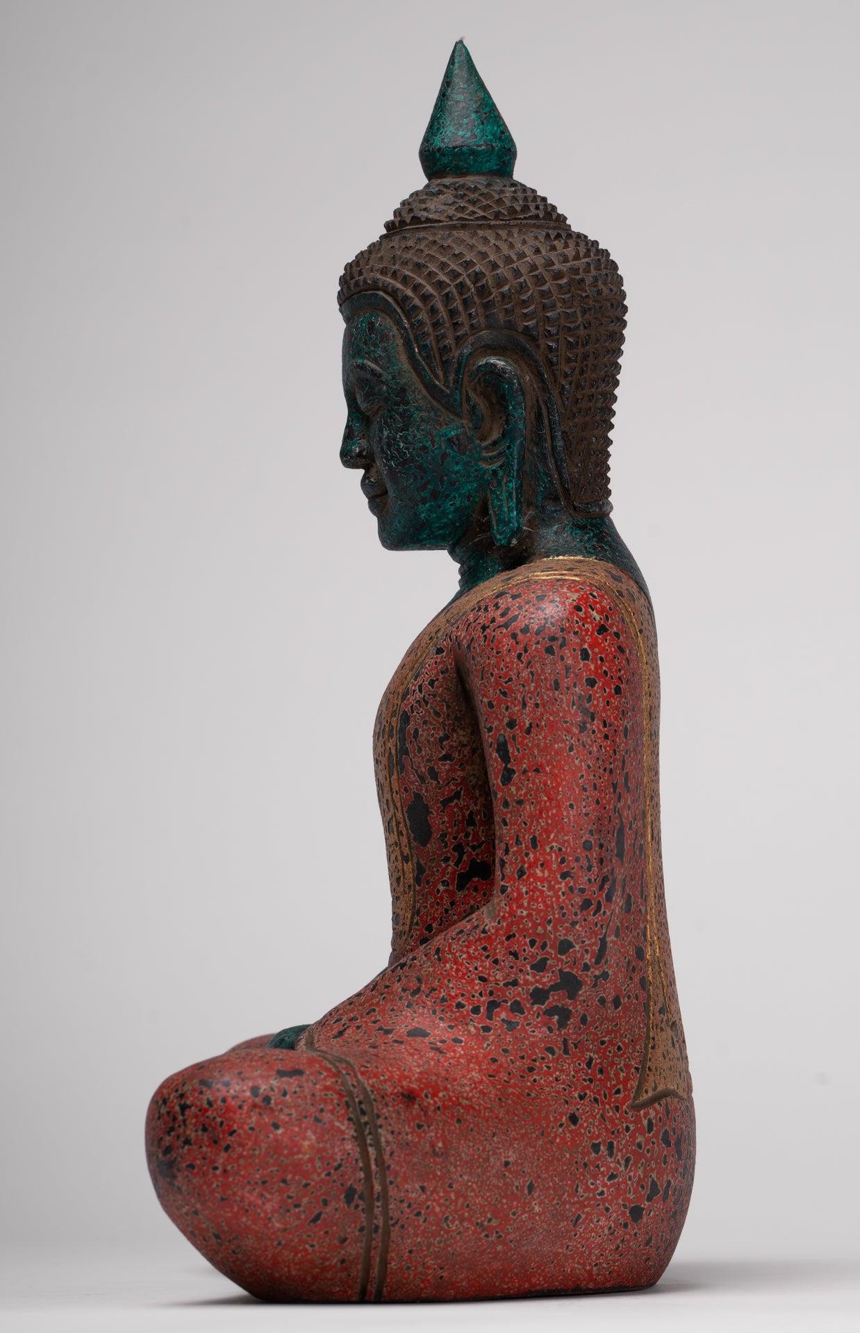 Buddha Sculpture - Antique Khmer Style Wood Seated Buddha Statue Dhyana Meditation Mudra - 33cm/13"