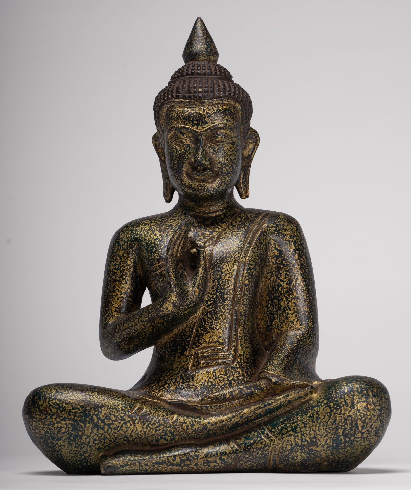 Buddha Statue - Antique Khmer Style Cambodia Seated Wood Buddha Statue Teaching Mudra - 32cm/13"