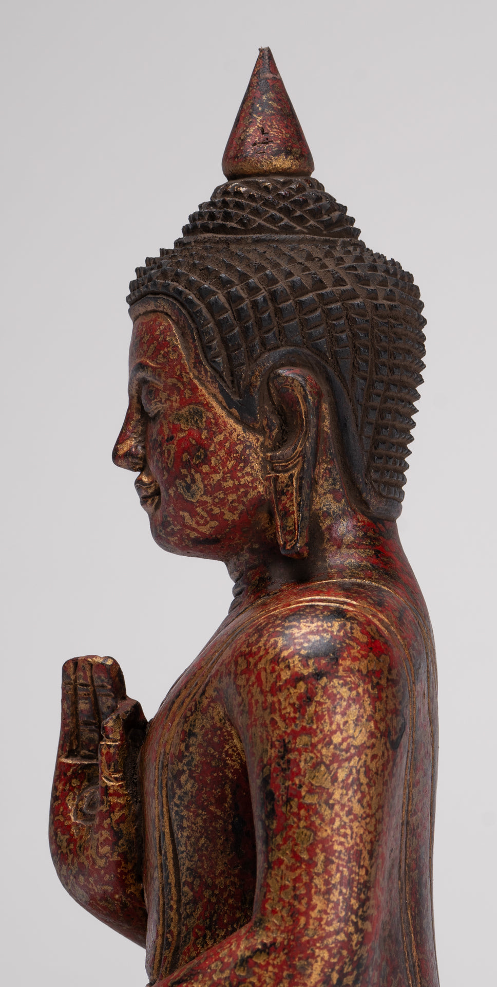 Buddha Statue - Antique Khmer Style Cambodia Seated Wood Buddha Statue Teaching Mudra - 27cm/11"