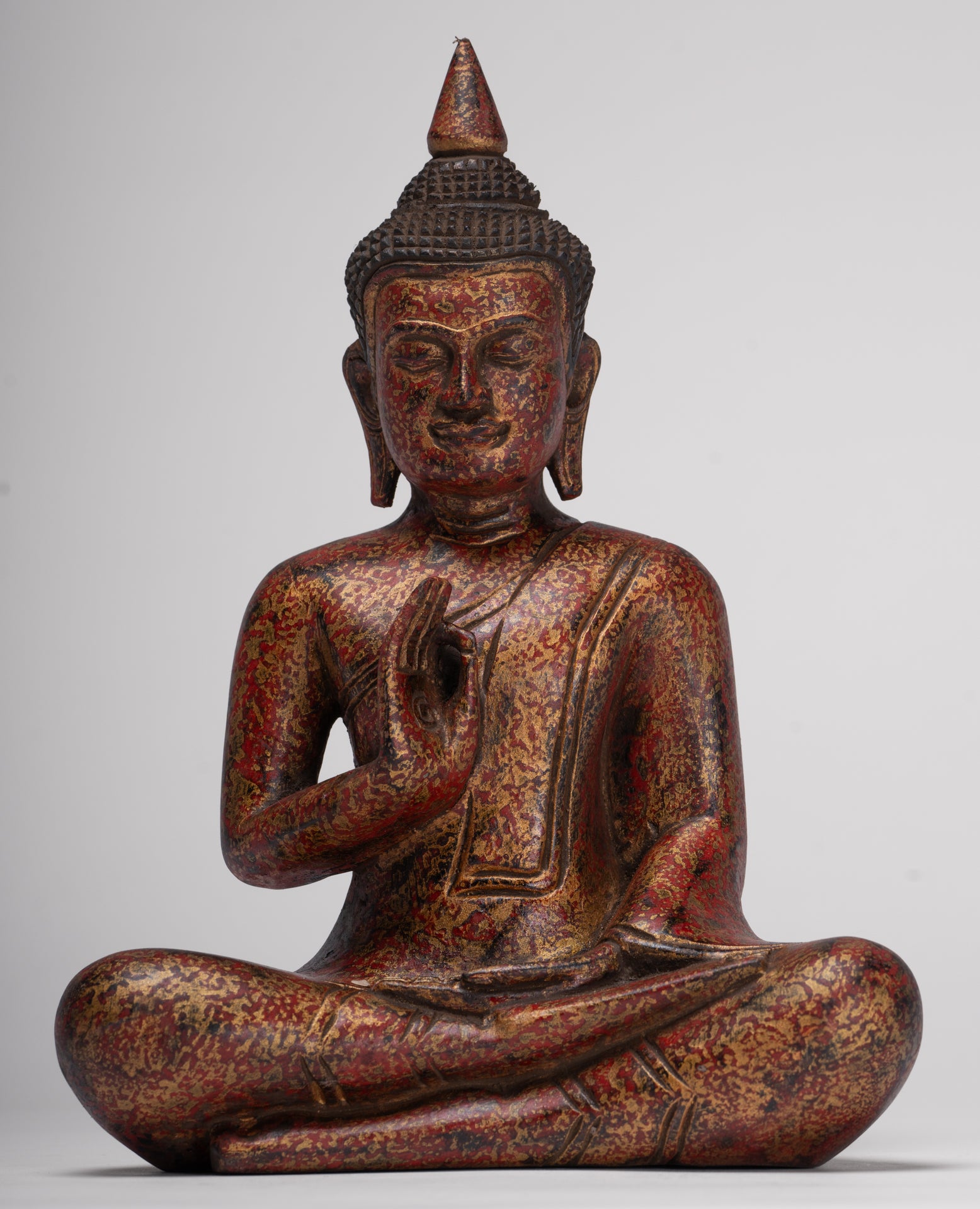 Buddha Statue - Antique Khmer Style Cambodia Seated Wood Buddha Statue Teaching Mudra - 27cm/11"