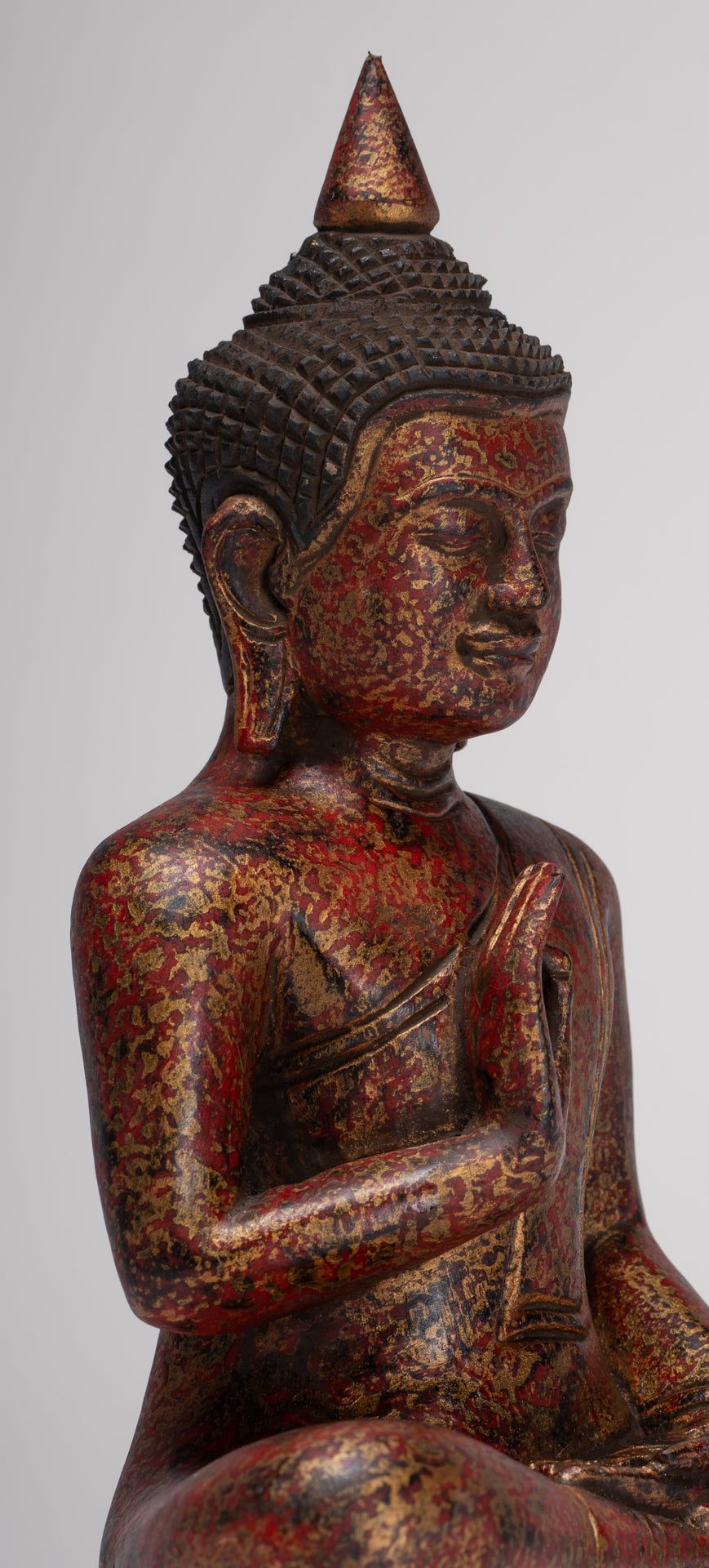 Buddha Statue - Antique Khmer Style Cambodia Seated Wood Buddha Statue Teaching Mudra - 27cm/11"