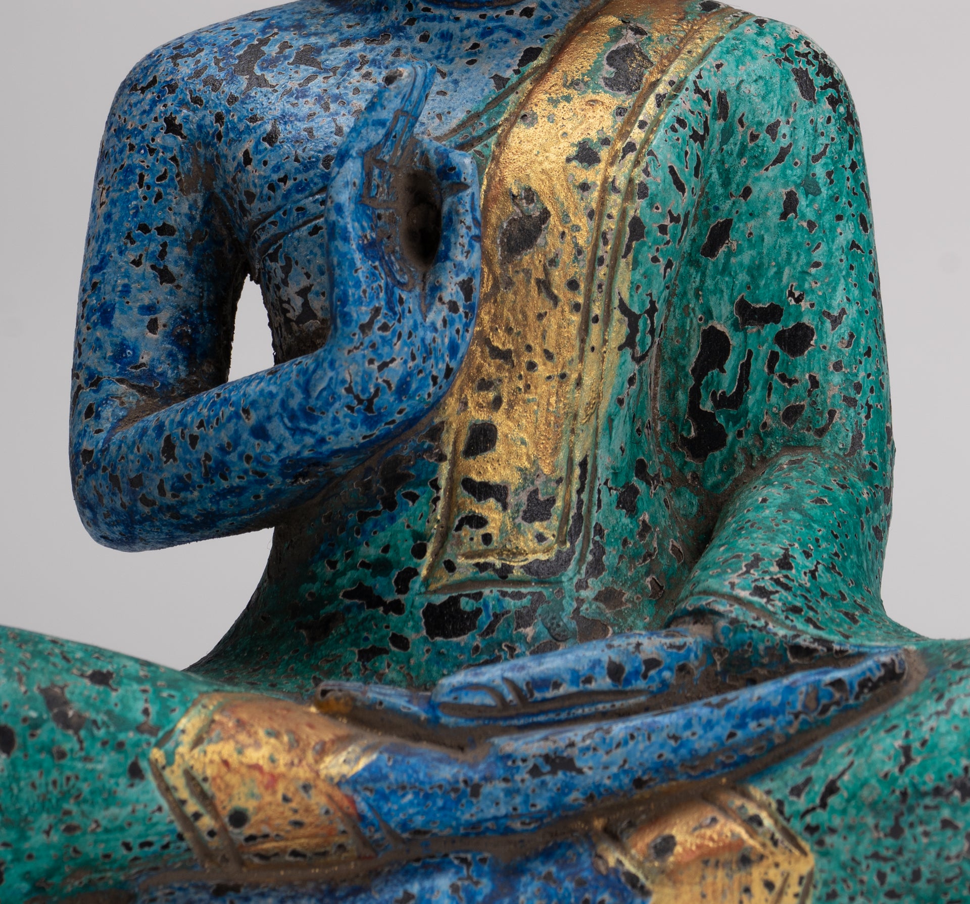 Buddha Statue - Antique Khmer Style Cambodia Seated Wood Buddha Statue Teaching Mudra - 27cm/11"