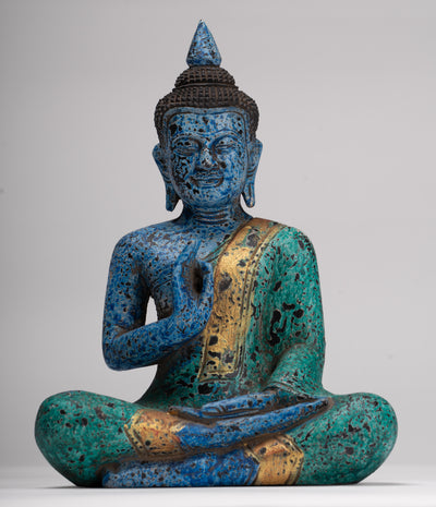Buddha Statue - Antique Khmer Style Cambodia Seated Wood Buddha Statue Teaching Mudra - 27cm/11"