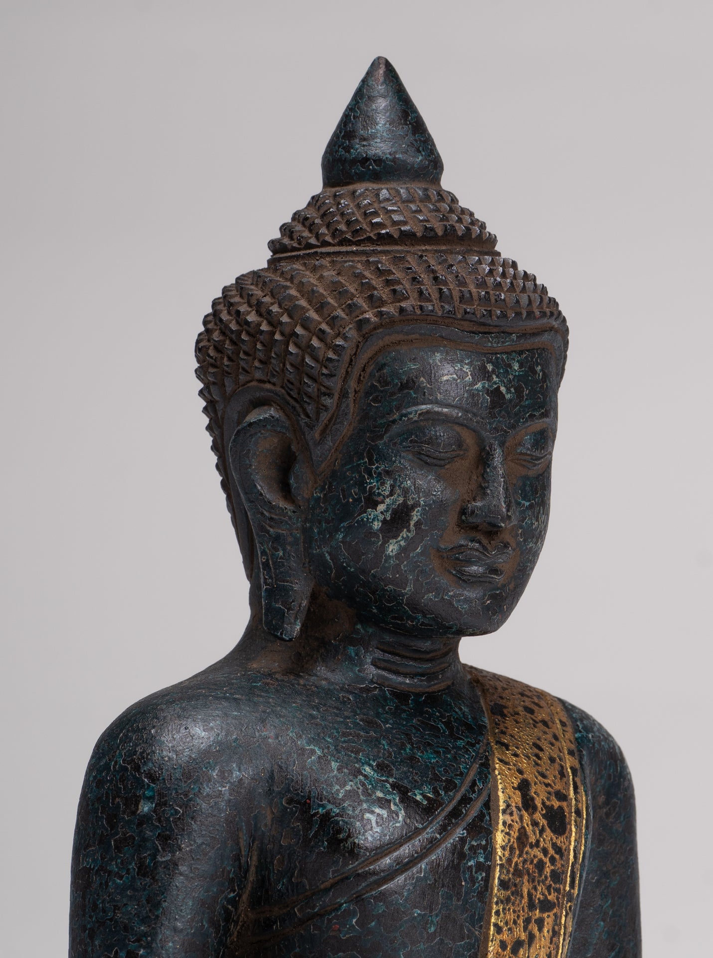 Buddha Sculpture - Antique Khmer Style Wood Seated Buddha Statue Dhyana Meditation Mudra - 27cm/11"