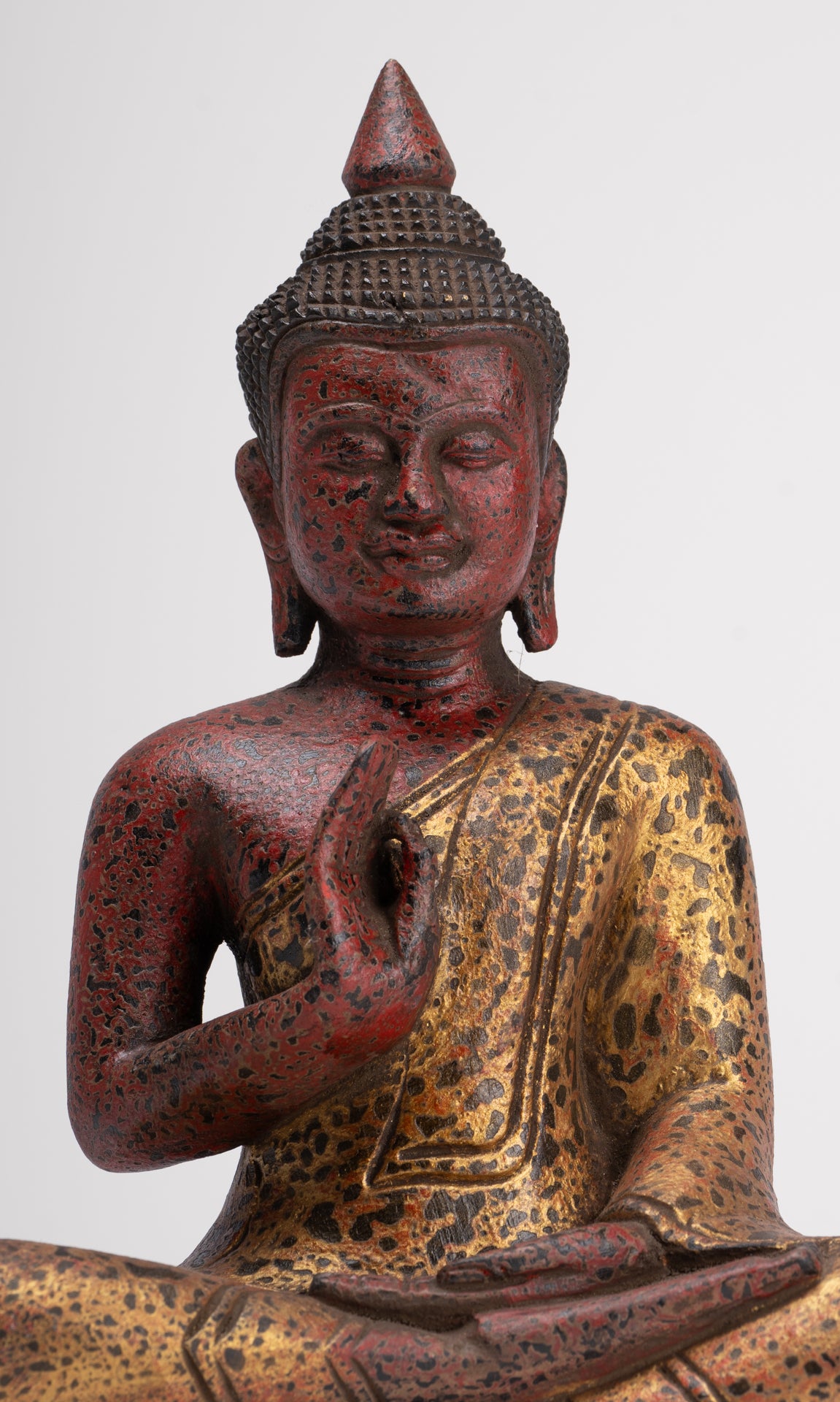 Buddha Statue - Antique Khmer Style Cambodia Seated Wood Buddha Statue Teaching Mudra - 26cm/10"