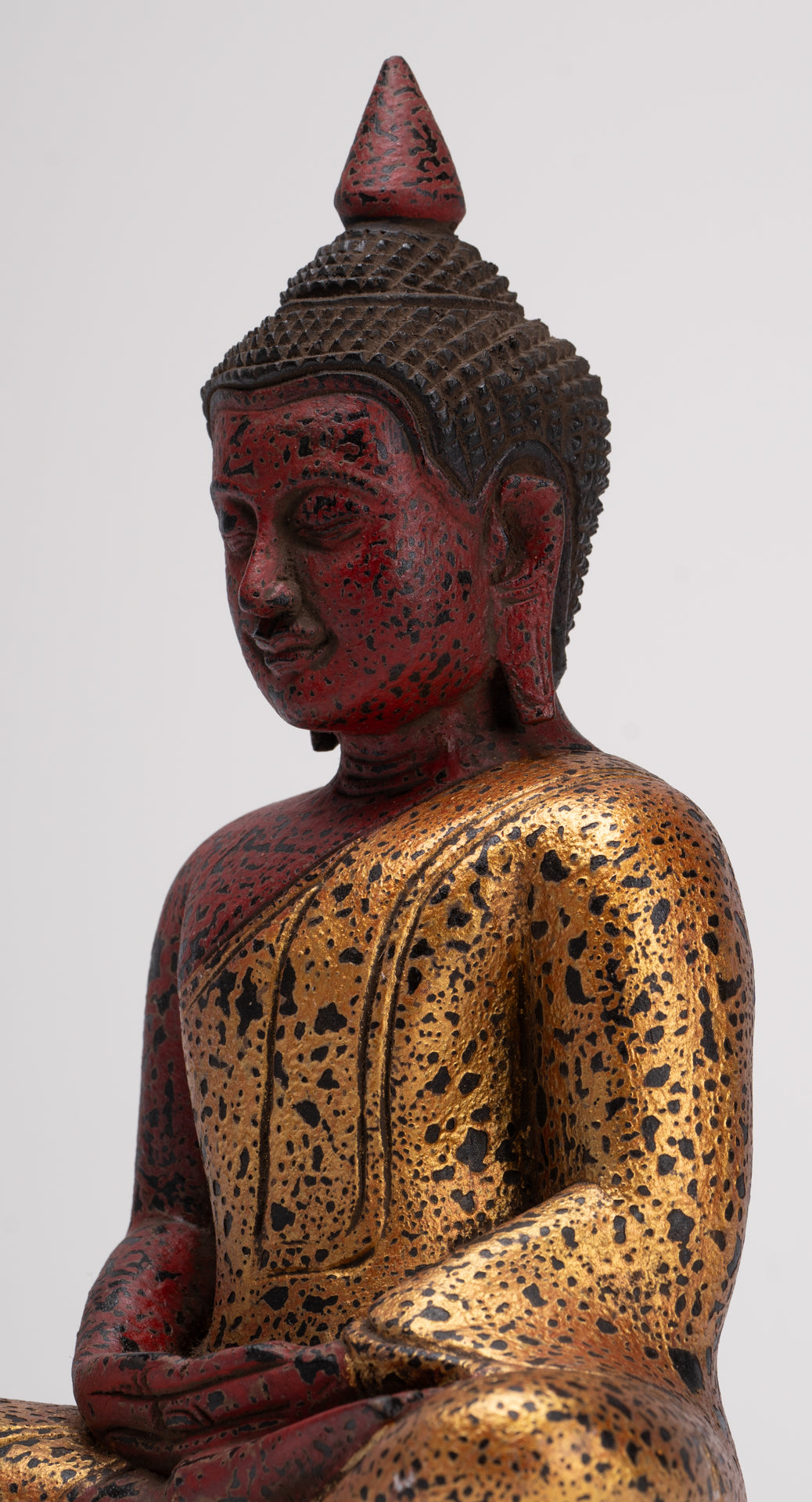 Buddha Sculpture - Antique Khmer Style Wood Seated Buddha Statue Dhyana Meditation Mudra - 27cm/11"