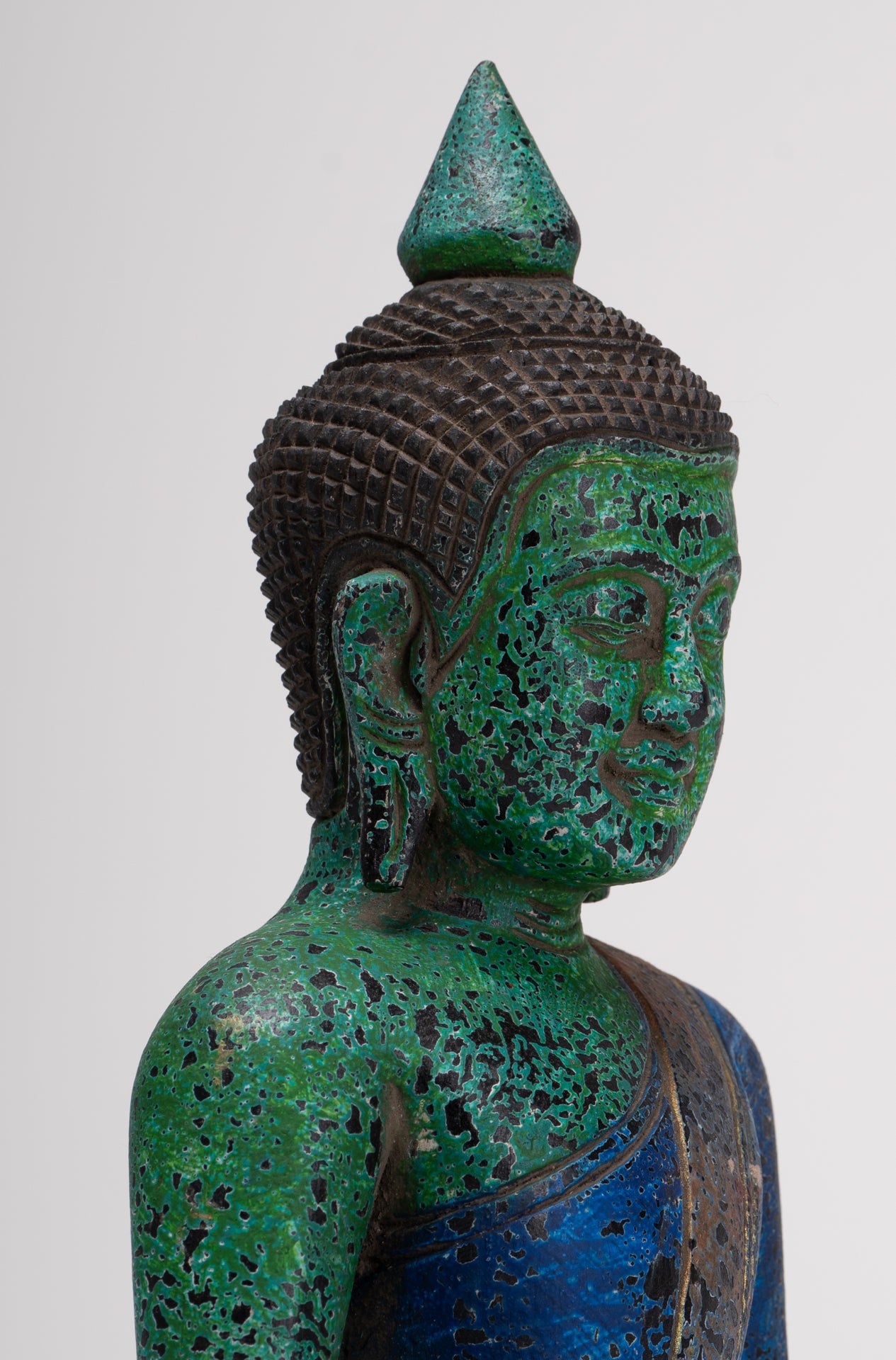 Buddha Sculpture - Antique Khmer Style Wood Seated Buddha Statue Dhyana Meditation Mudra - 28cm/11"