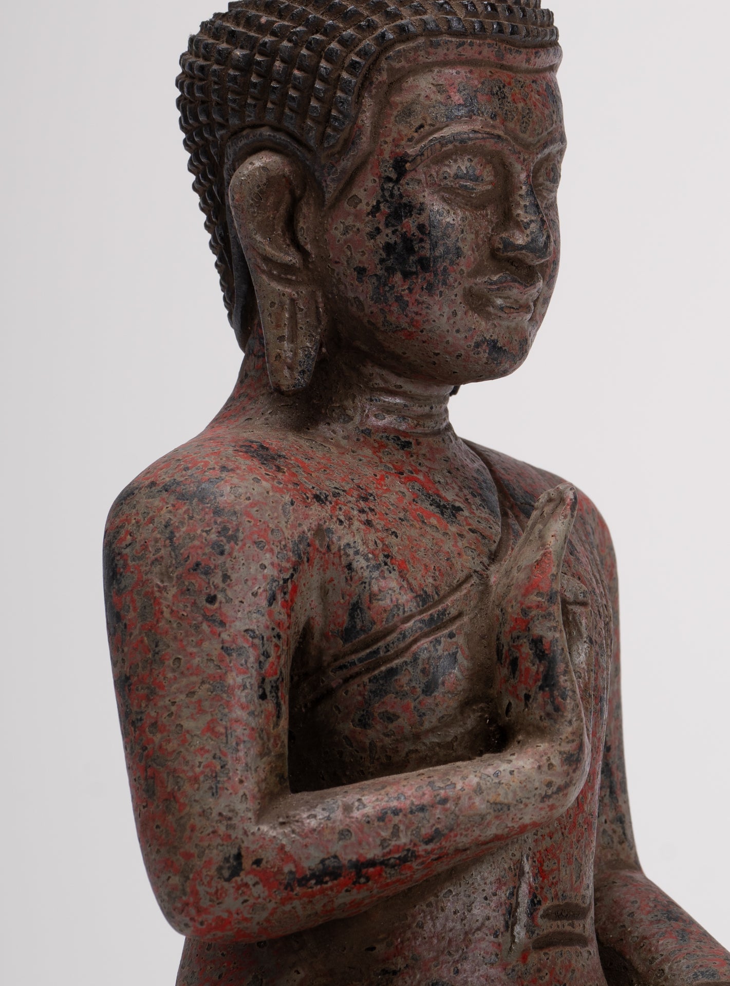 Buddha Statue - Antique Khmer Style Cambodia Seated Wood Buddha Statue Teaching Mudra - 27cm/11"