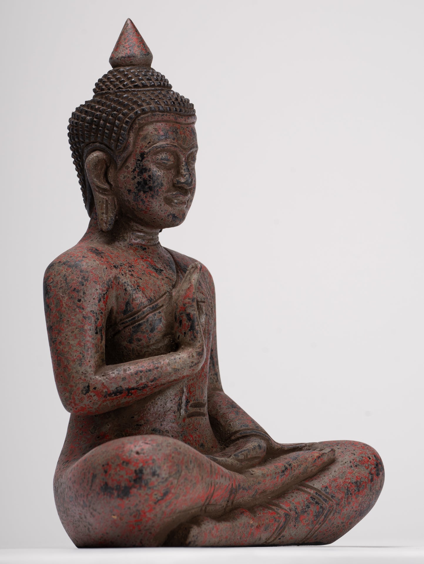 Buddha Statue - Antique Khmer Style Cambodia Seated Wood Buddha Statue Teaching Mudra - 27cm/11"