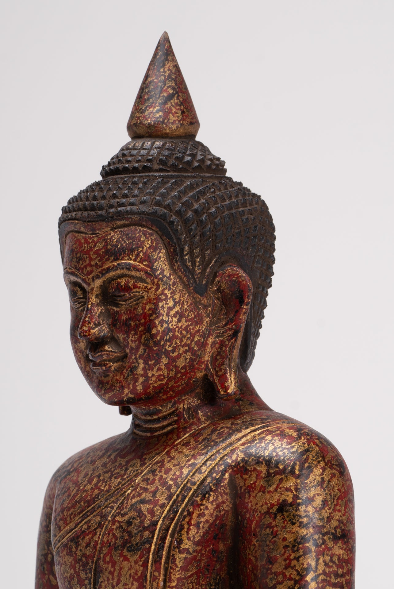 Buddha Sculpture - Antique Khmer Style Wood Seated Buddha Statue Dhyana Meditation Mudra - 28cm/11"