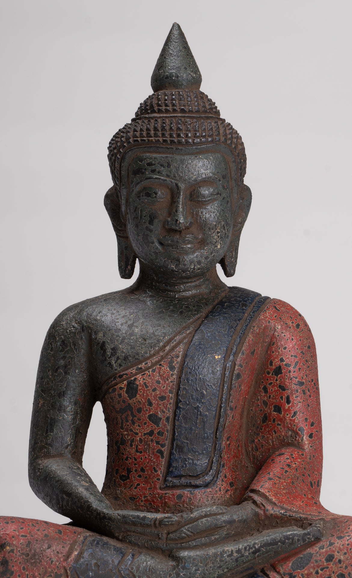 Buddha Sculpture - Antique Khmer Style Wood Seated Buddha Statue Dhyana Meditation Mudra - 27cm/11"