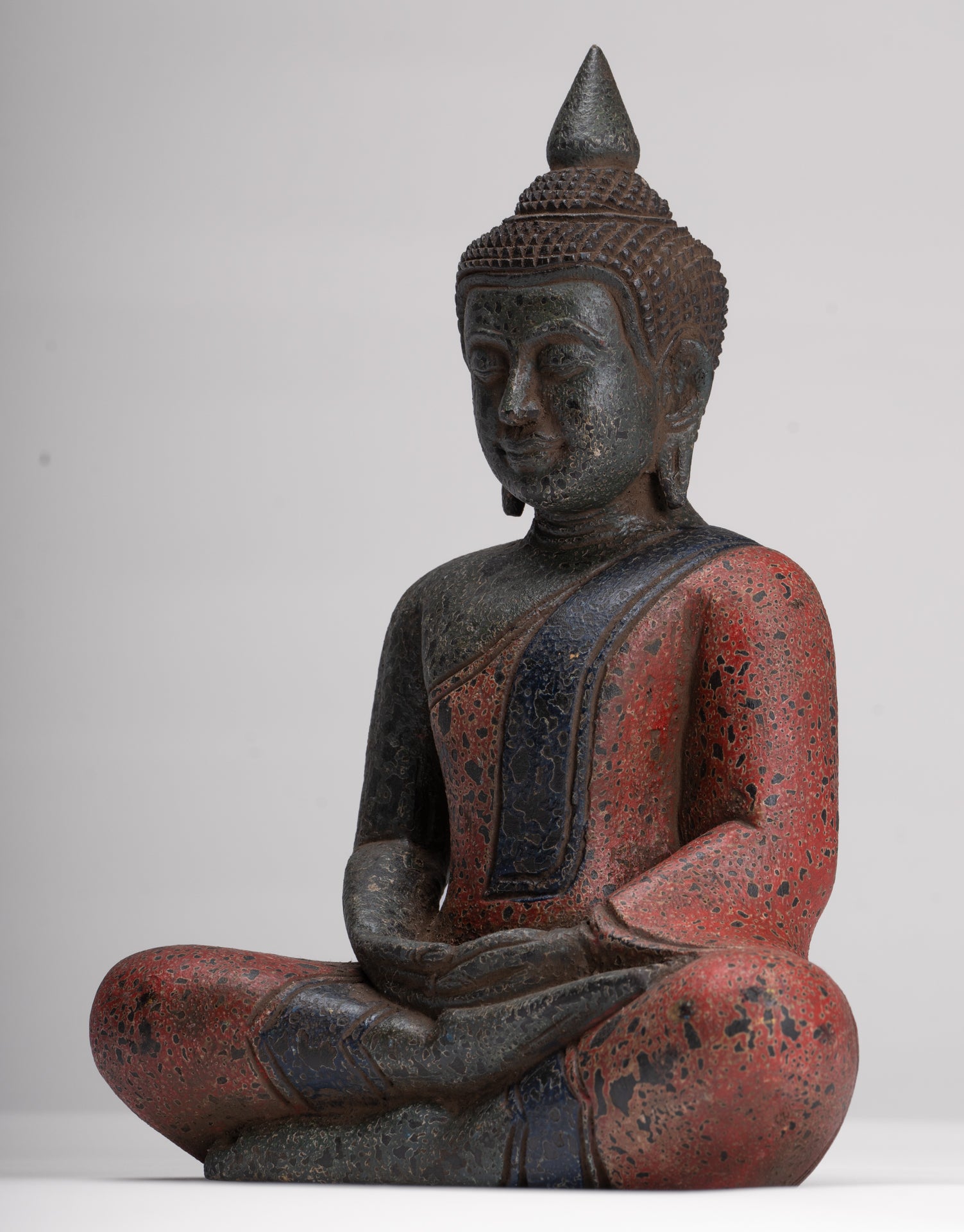 Buddha Sculpture - Antique Khmer Style Wood Seated Buddha Statue Dhyana Meditation Mudra - 27cm/11"