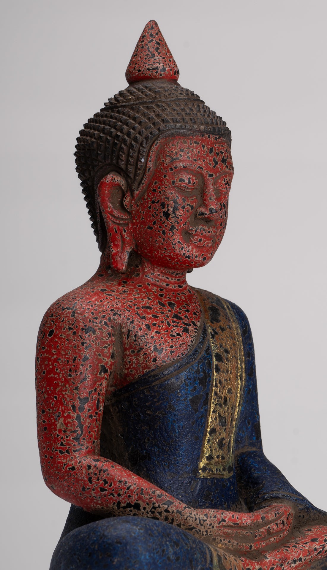 Buddha Sculpture - Antique Khmer Style Wood Seated Buddha Statue Dhyana Meditation Mudra - 26cm/11"