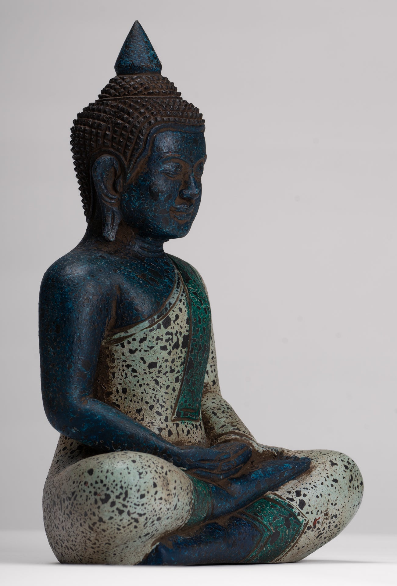 Buddha Sculpture - Antique Khmer Style Wood Seated Buddha Statue Dhyana Meditation Mudra - 27cm/11"
