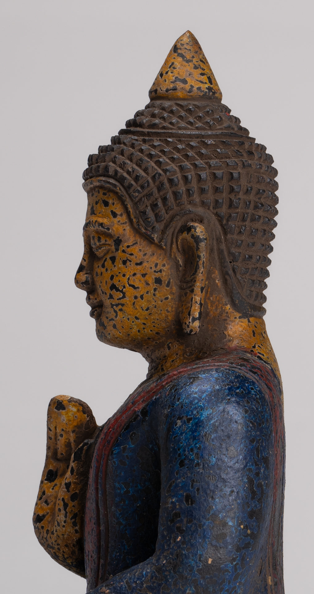 Buddha Statue - Antique Khmer Style Cambodia Seated Wood Buddha Statue Teaching Mudra - 21cm/8"