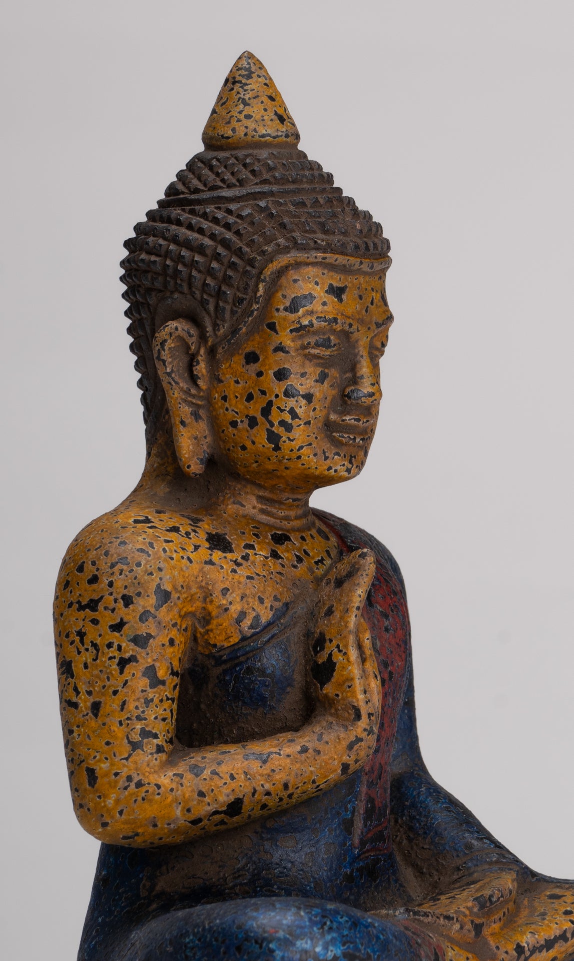 Buddha Statue - Antique Khmer Style Cambodia Seated Wood Buddha Statue Teaching Mudra - 21cm/8"