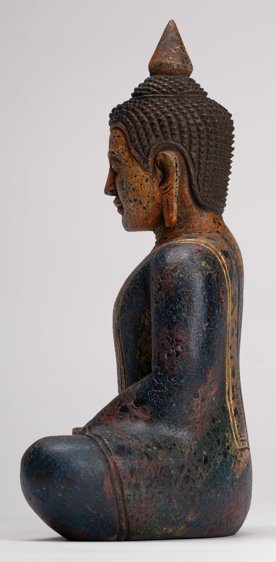 Buddha Sculpture - Antique Khmer Style Wood Seated Buddha Statue Dhyana Meditation Mudra - 28cm/11"