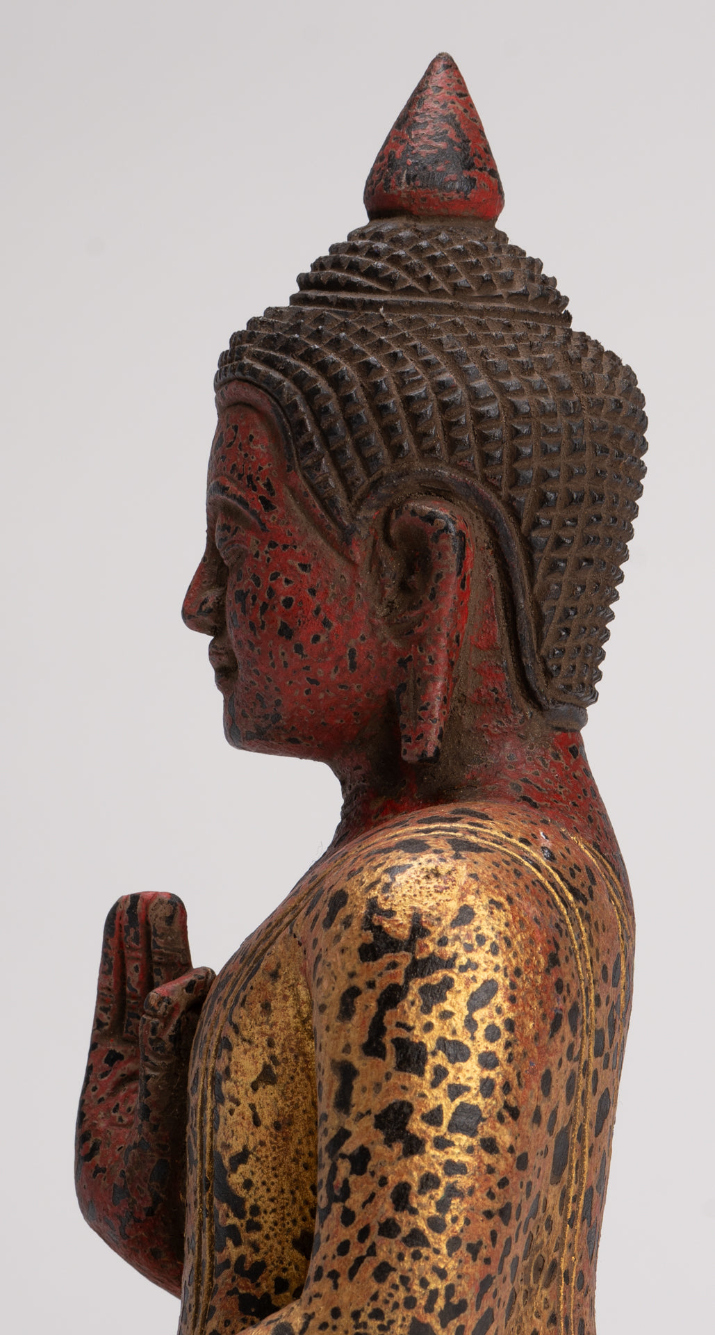 Buddha Statue - Antique Khmer Style Cambodia Seated Wood Buddha Statue Teaching Mudra - 26cm/10"