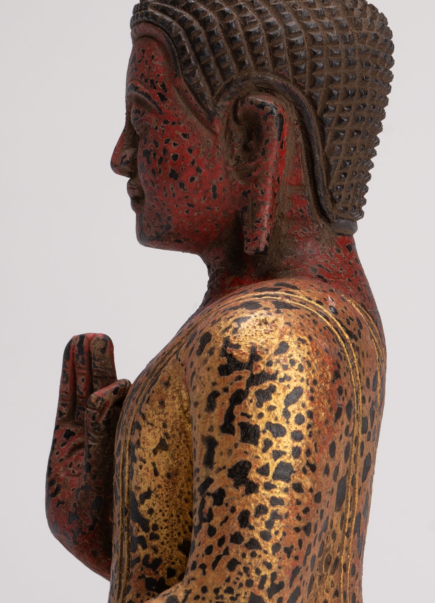 Buddha Statue - Antique Khmer Style Cambodia Seated Wood Buddha Statue Teaching Mudra - 26cm/10"