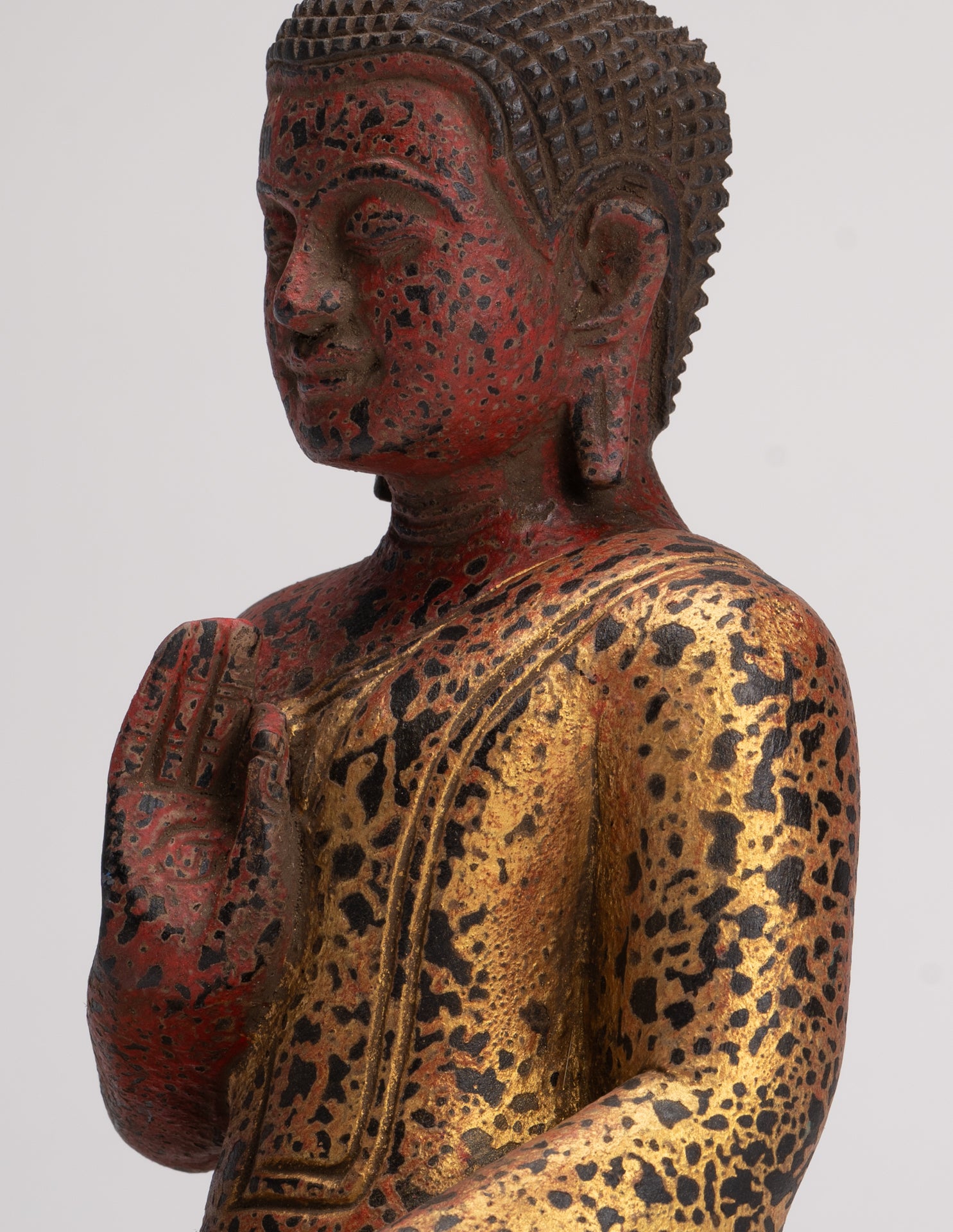 Buddha Statue - Antique Khmer Style Cambodia Seated Wood Buddha Statue Teaching Mudra - 26cm/10"