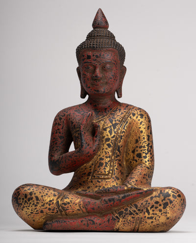 Buddha Statue - Antique Khmer Style Cambodia Seated Wood Buddha Statue Teaching Mudra - 26cm/10"