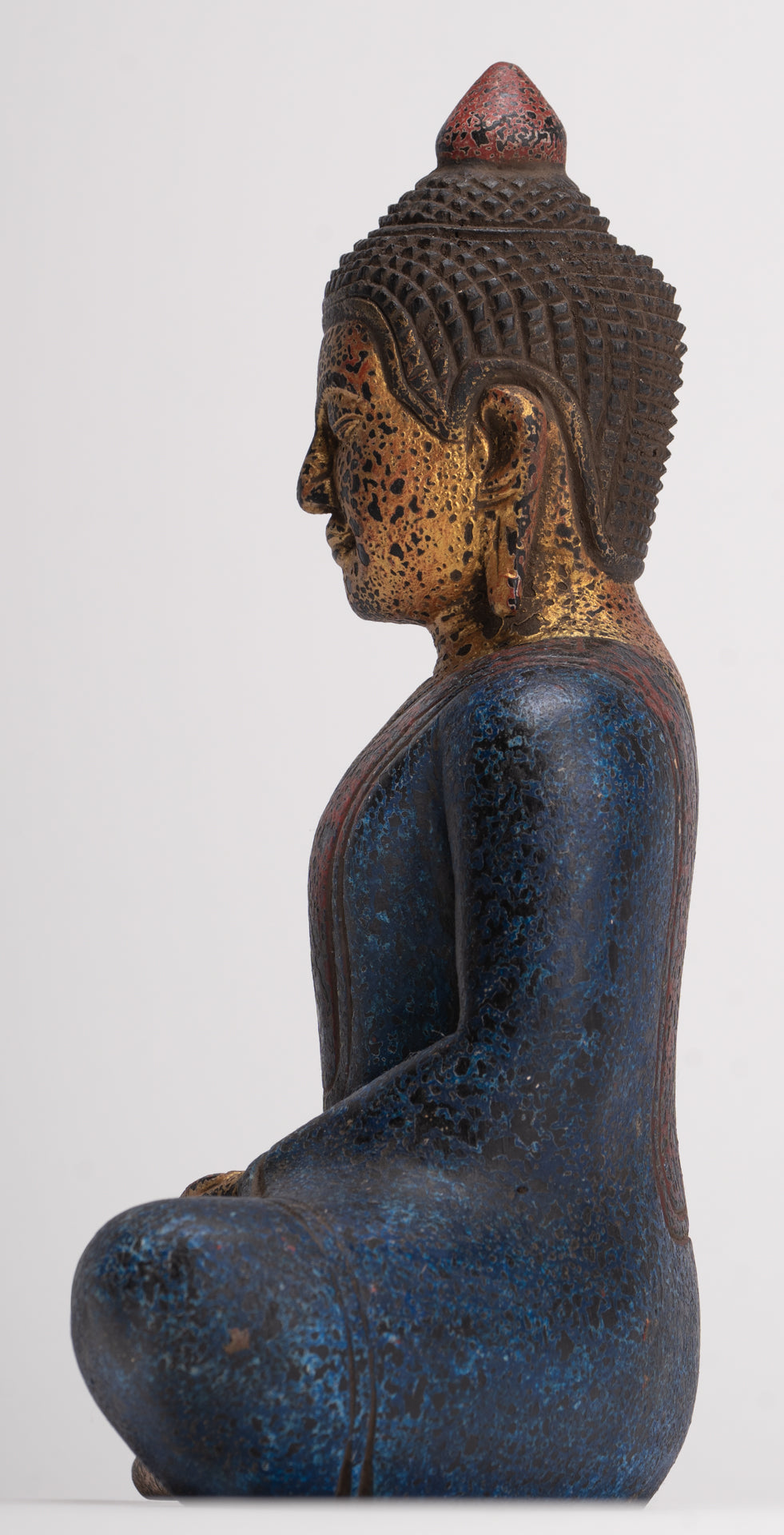 Buddha Sculpture - Antique Khmer Style Wood Seated Buddha Statue Dhyana Meditation Mudra - 26cm/11"