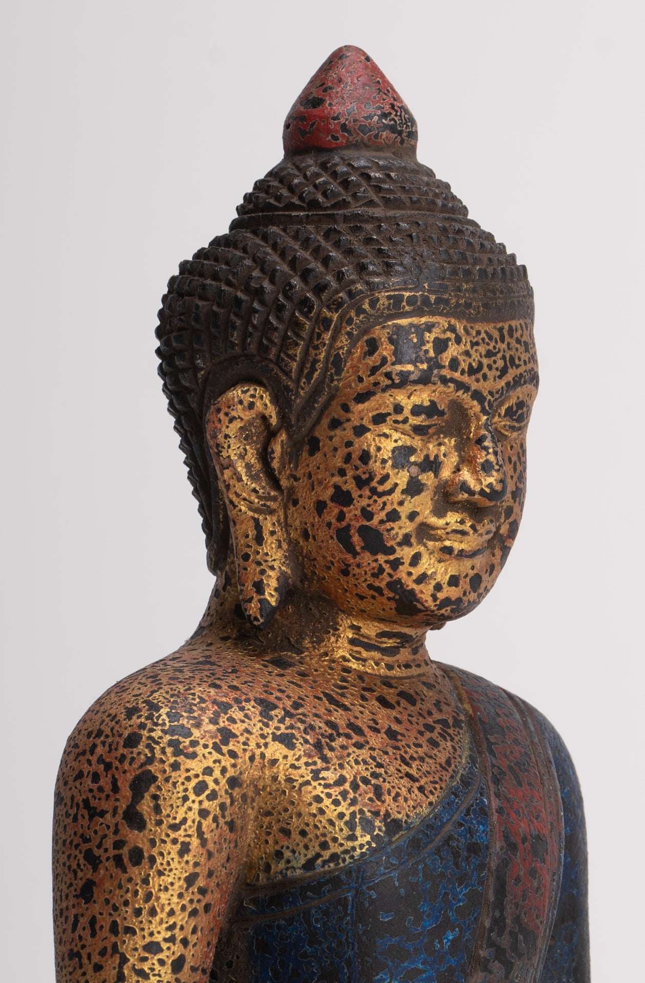 Buddha Sculpture - Antique Khmer Style Wood Seated Buddha Statue Dhyana Meditation Mudra - 26cm/11"