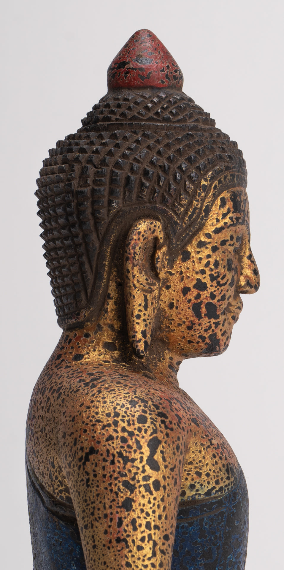 Buddha Sculpture - Antique Khmer Style Wood Seated Buddha Statue Dhyana Meditation Mudra - 26cm/11"