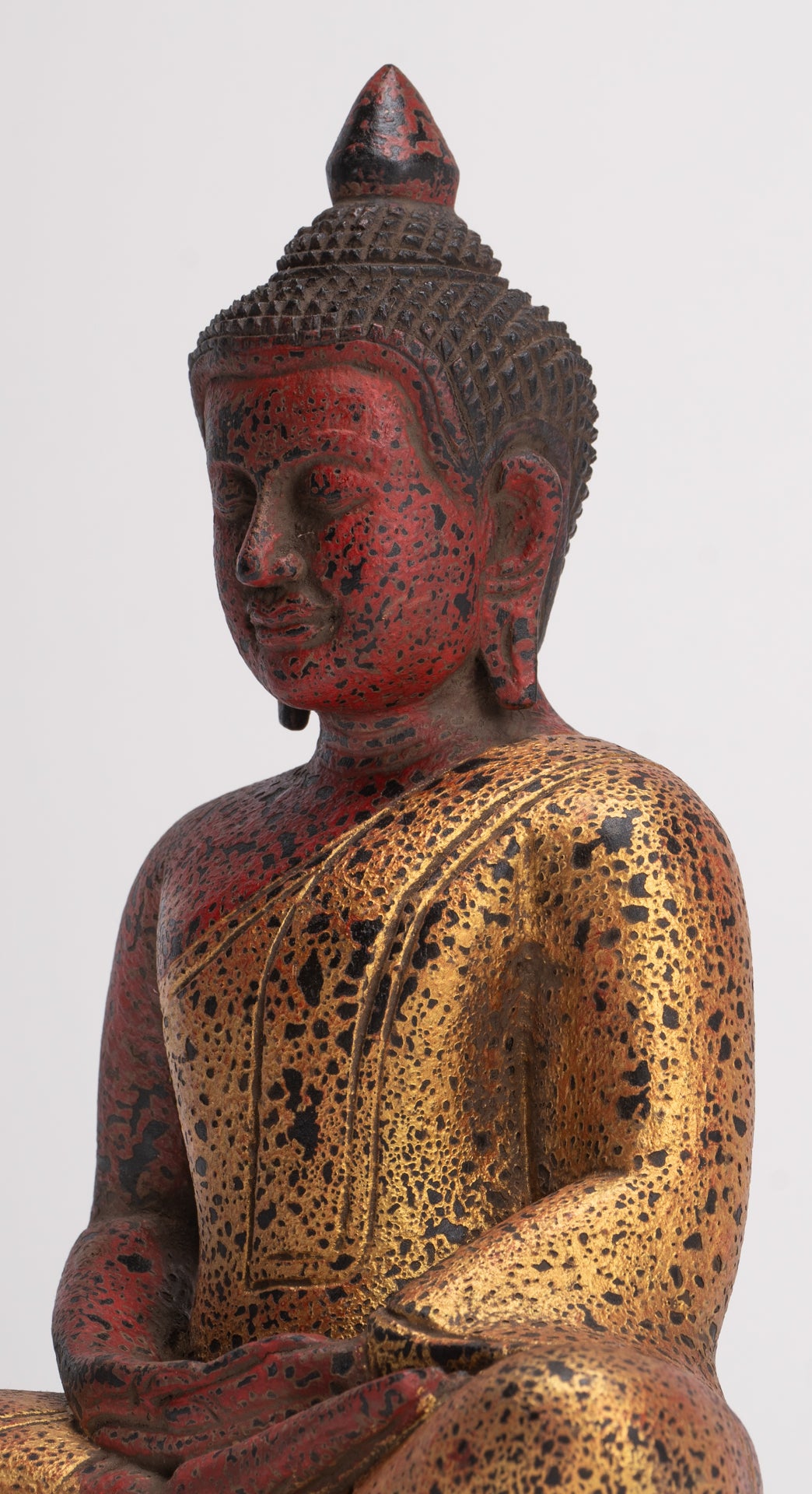 Buddha Sculpture - Antique Khmer Style Wood Seated Buddha Statue Dhyana Meditation Mudra - 26cm/11"