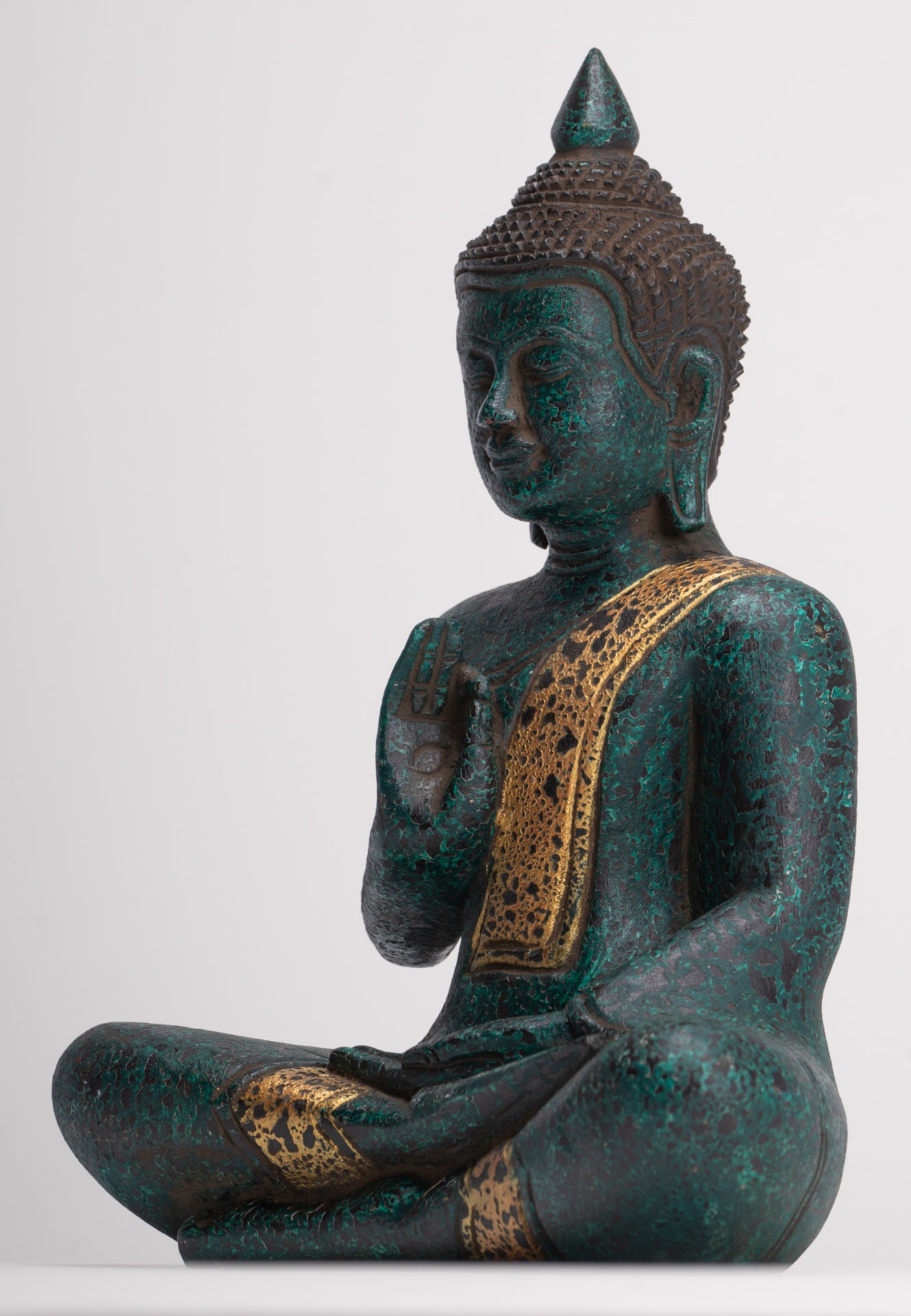Buddha Statue - Antique Khmer Style Cambodia Seated Wood Buddha Statue Teaching Mudra - 26cm/10"