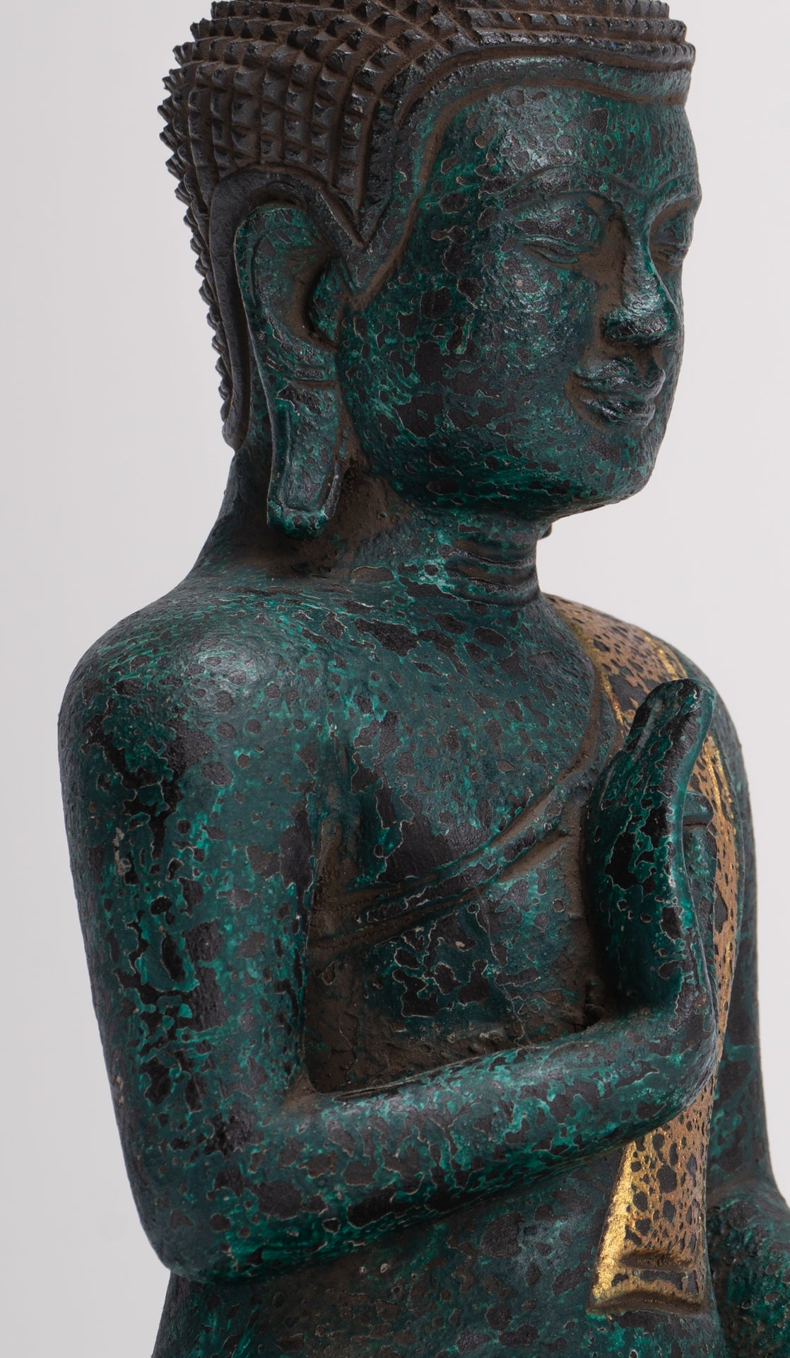 Buddha Statue - Antique Khmer Style Cambodia Seated Wood Buddha Statue Teaching Mudra - 26cm/10"